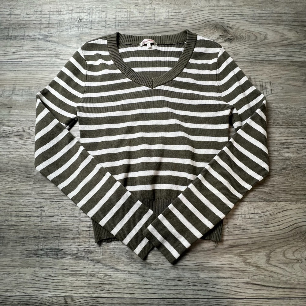 Stella Tweed Sweater‎ Womens Large Olive Green White Striped V-Neck Long Sleeve